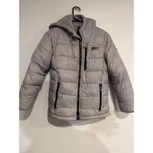 DKNY Sport Kids Grey Puffer Jacket Hooded Sherpa Lined Size M‎ 10 12
